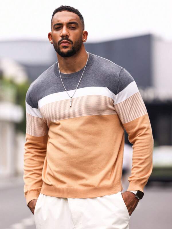 Suéter Masculino Listrado Texturizado Casual Minimalista