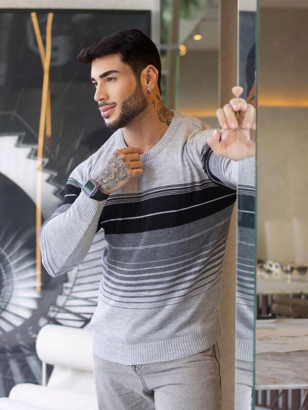 Suéter Masculino Listrado Degradê Casual Estilo Urbano