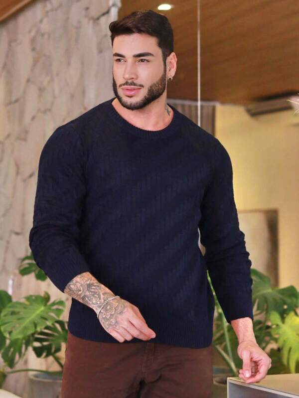 Suéter Masculino Texturizado Gola Careca Casual Moderno