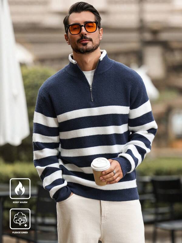 Suéter Masculino Listrado Gola Alta Com Ziper Casual Urbano