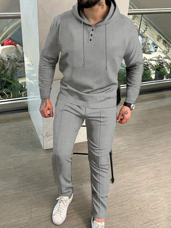 Conjunto Moletom Canelado Com Capuz Estilo Casual