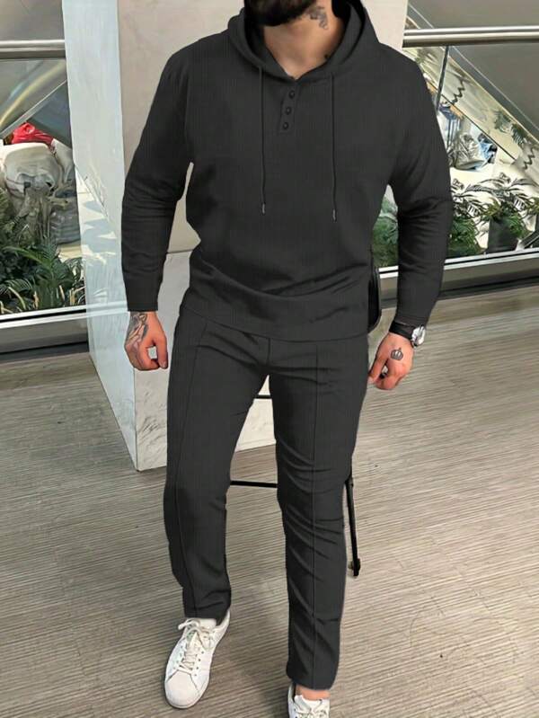 Conjunto Moletom Canelado Com Capuz Estilo Casual