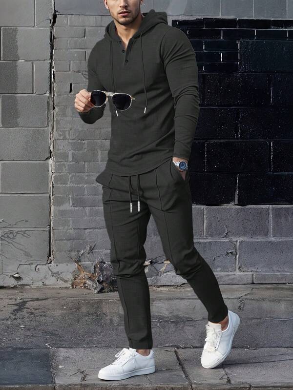 Conjunto Moletom Canelado Com Capuz Estilo Casual