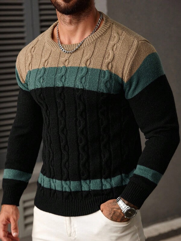 Suéter Masculino Trançado Listrado Casual Estilo Sofisticado
