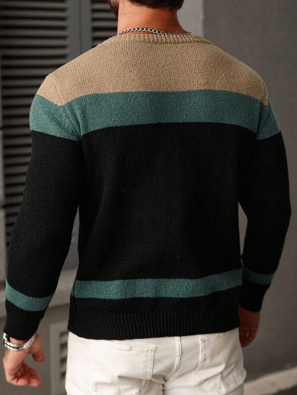 Suéter Masculino Trançado Listrado Casual Estilo Sofisticado