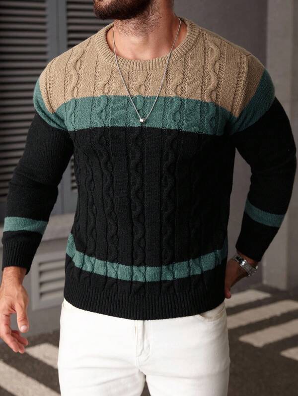 Suéter Masculino Trançado Listrado Casual Estilo Sofisticado