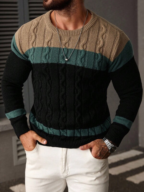 Suéter Masculino Trançado Listrado Casual Estilo Sofisticado