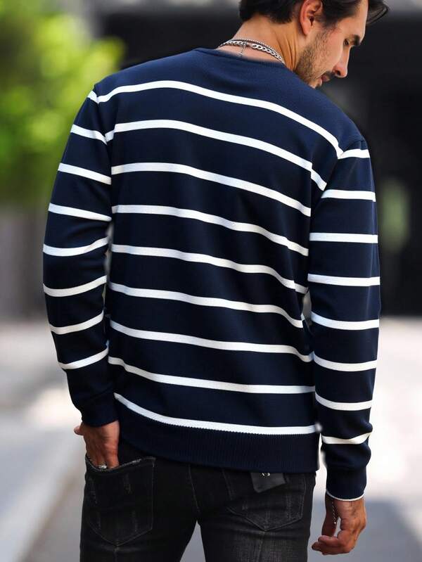 Suéter Masculino Listrado Gola Careca Casual Clássico