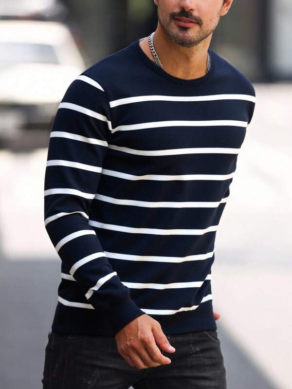Suéter Masculino Listrado Gola Careca Casual Clássico