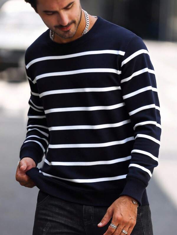 Suéter Masculino Listrado Gola Careca Casual Clássico