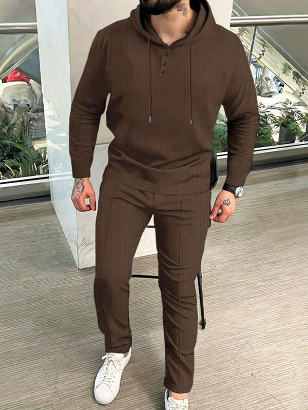 Conjunto Moletom Canelado Com Capuz Estilo Casual
