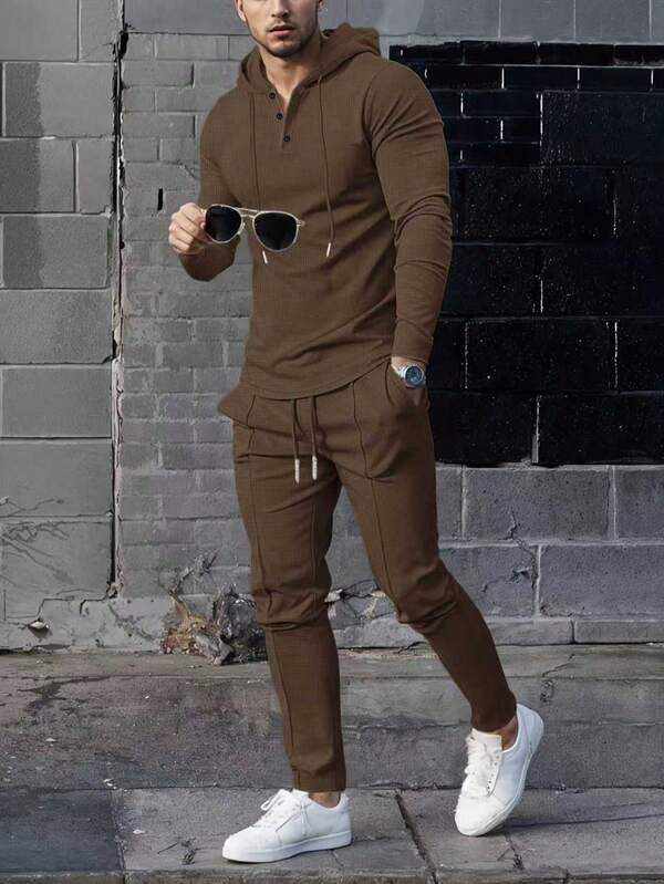 Conjunto Moletom Canelado Com Capuz Estilo Casual