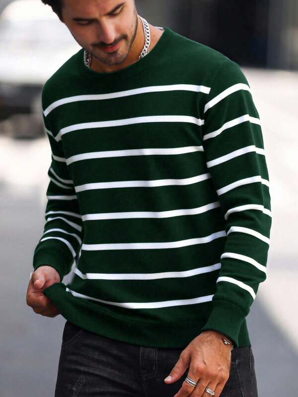 Suéter Masculino Listrado Gola Careca Casual Clássico