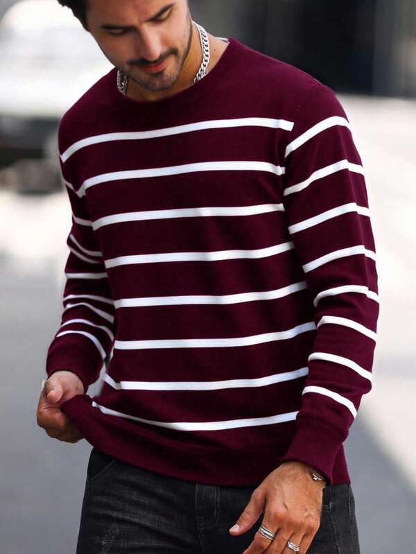 Suéter Masculino Listrado Gola Careca Casual Clássico