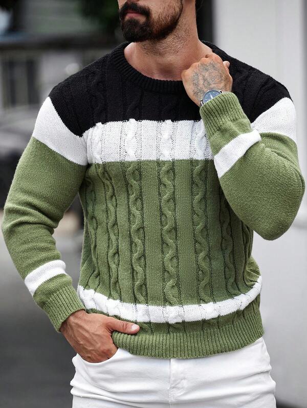 Suéter Masculino Trançado Listrado Casual Estilo Sofisticado