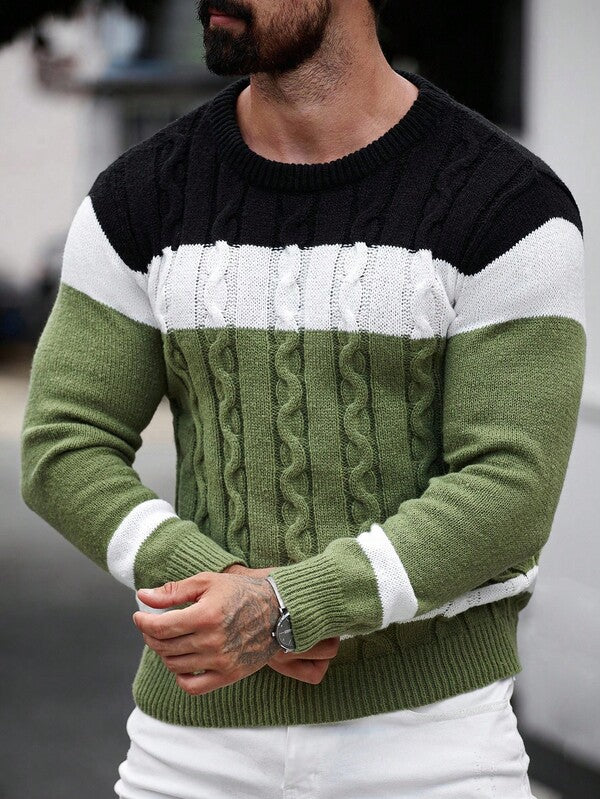 Suéter Masculino Trançado Listrado Casual Estilo Sofisticado