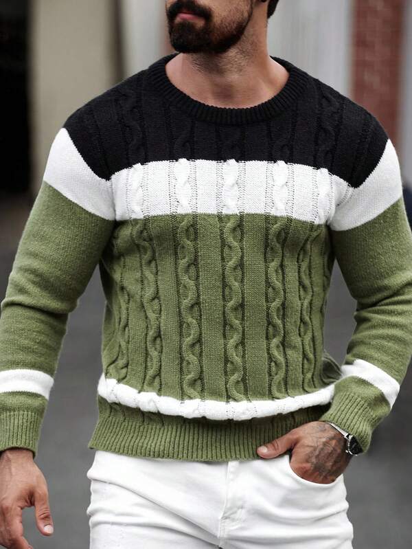 Suéter Masculino Trançado Listrado Casual Estilo Sofisticado