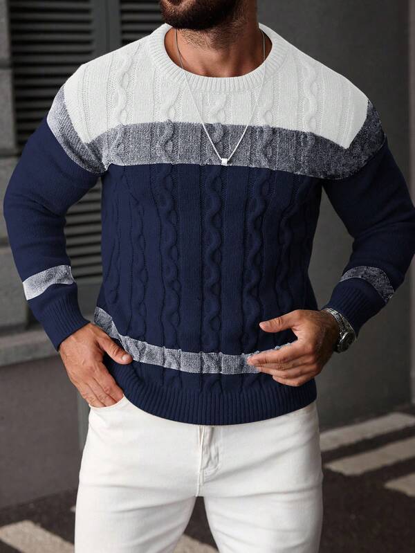 Suéter Masculino Trançado Listrado Casual Estilo Sofisticado