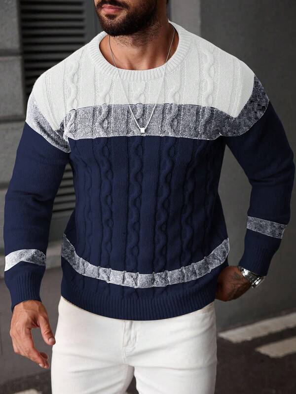 Suéter Masculino Trançado Listrado Casual Estilo Sofisticado
