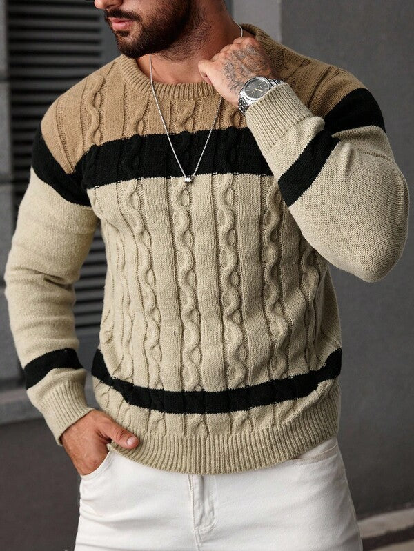 Suéter Masculino Trançado Listrado Casual Estilo Sofisticado