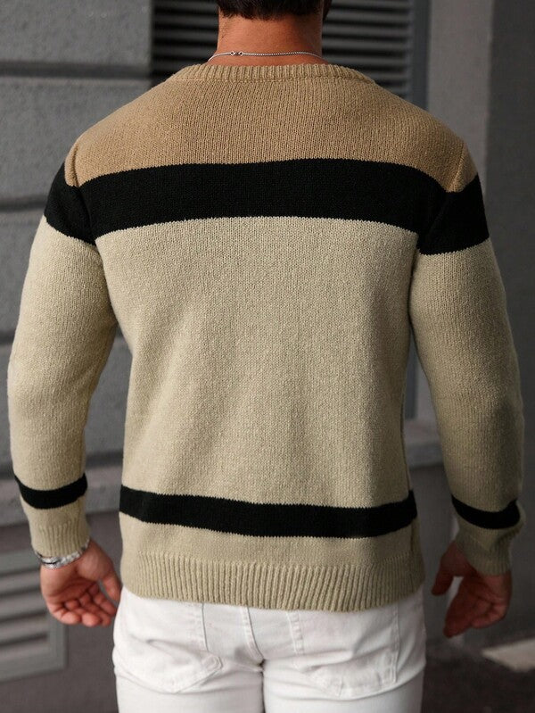 Suéter Masculino Trançado Listrado Casual Estilo Sofisticado