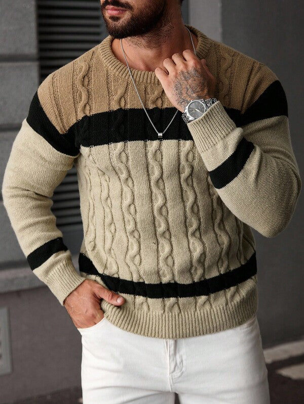 Suéter Masculino Trançado Listrado Casual Estilo Sofisticado