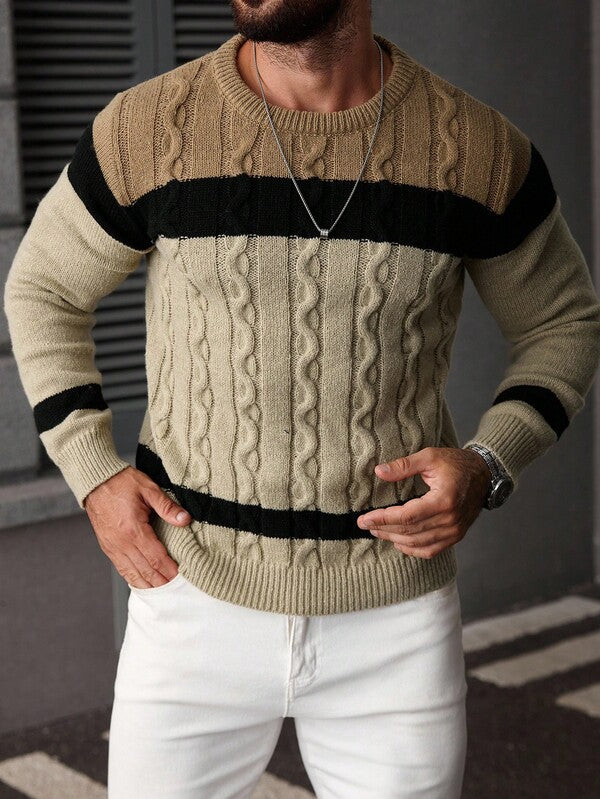 Suéter Masculino Trançado Listrado Casual Estilo Sofisticado