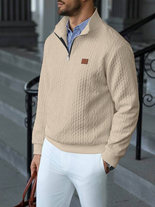 Suéter Masculino Trançado Gola Alta Com Ziper Casual Elegante