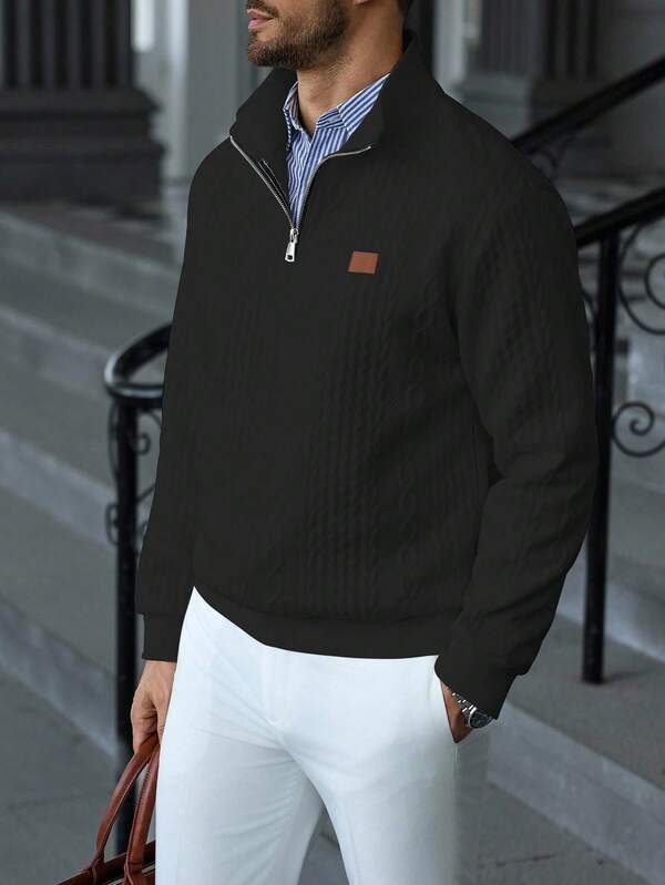 Suéter Masculino Trançado Gola Alta Com Ziper Casual Elegante