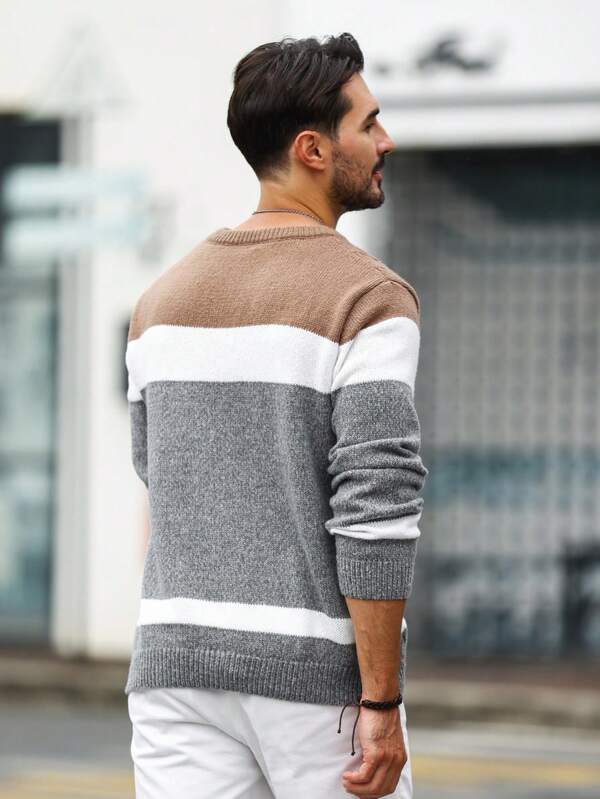 Suéter Masculino Trançado Listrado Casual Moderno