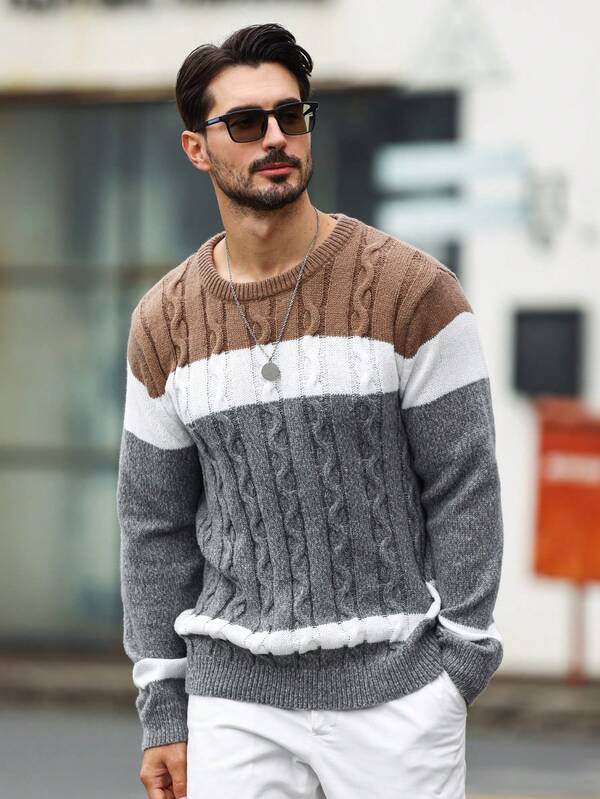Suéter Masculino Trançado Listrado Casual Moderno