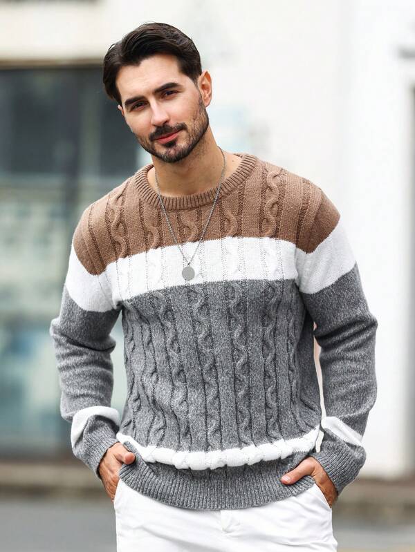 Suéter Masculino Trançado Listrado Casual Moderno