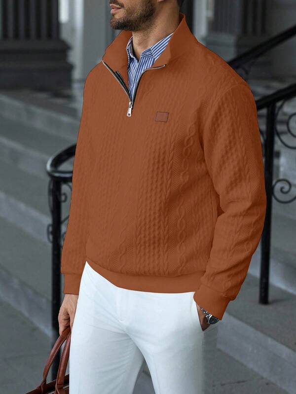 Suéter Masculino Trançado Gola Alta Com Ziper Casual Elegante
