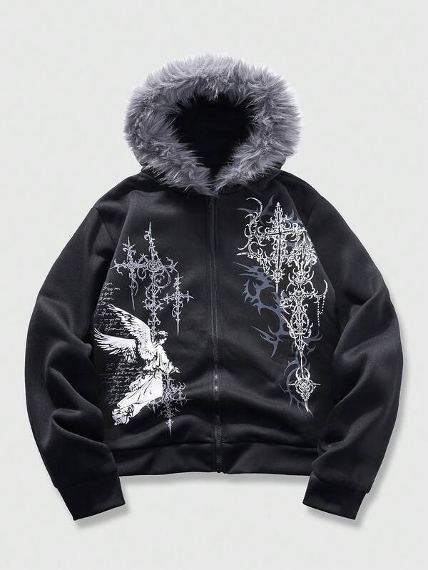 Moletom Gothic Com Pelúcia E Capuz Estilo Dark Streetwear